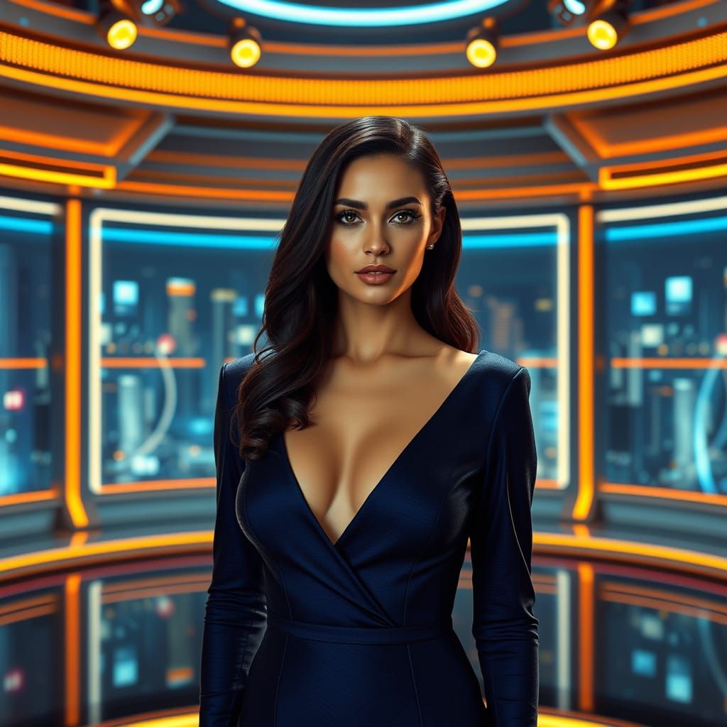 Hyper-Realistic Futuristic News Studio with Confident News A...