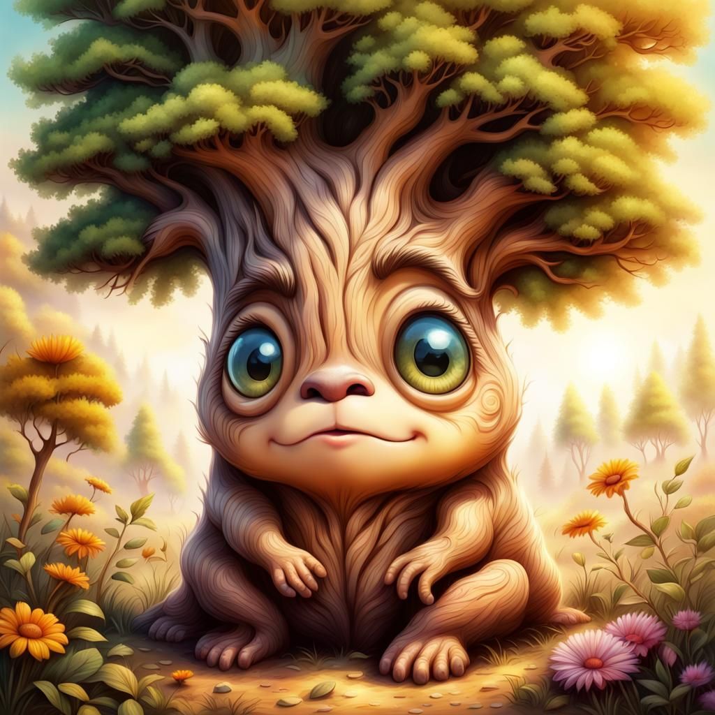 Cute Baby Tree Creature in Hyperdetailed Airbrush Art