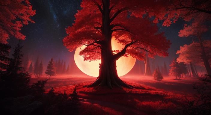 Red Moonlight Over Forest: Detailed Fantasy Art