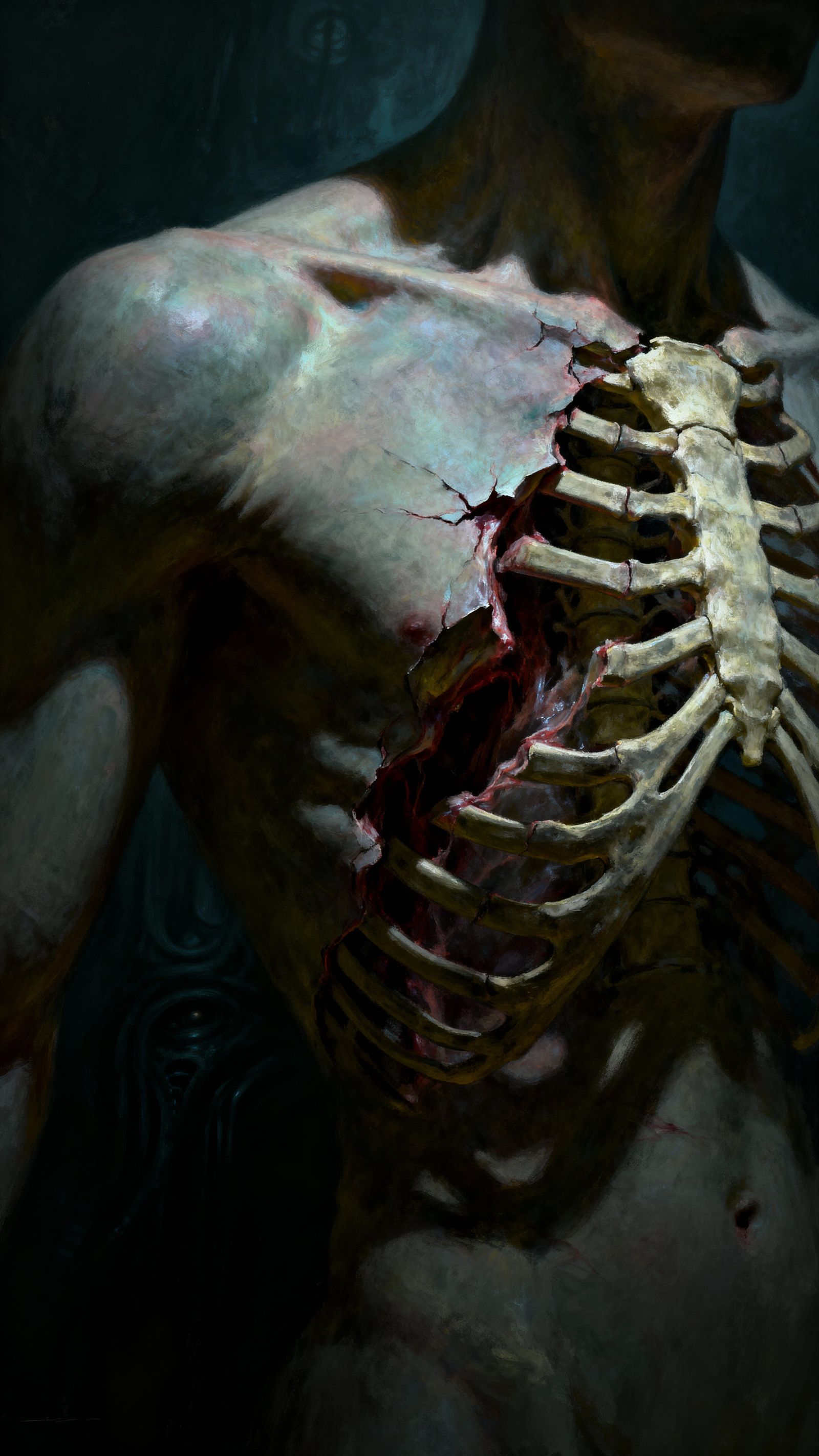 Surreal Anatomical Study of a Crushed Ribcage in Oil Paint