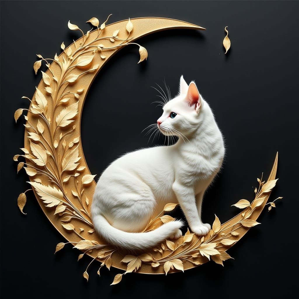 Majestic White Cat in Crescent Moon, with Luxurious Gold Det...