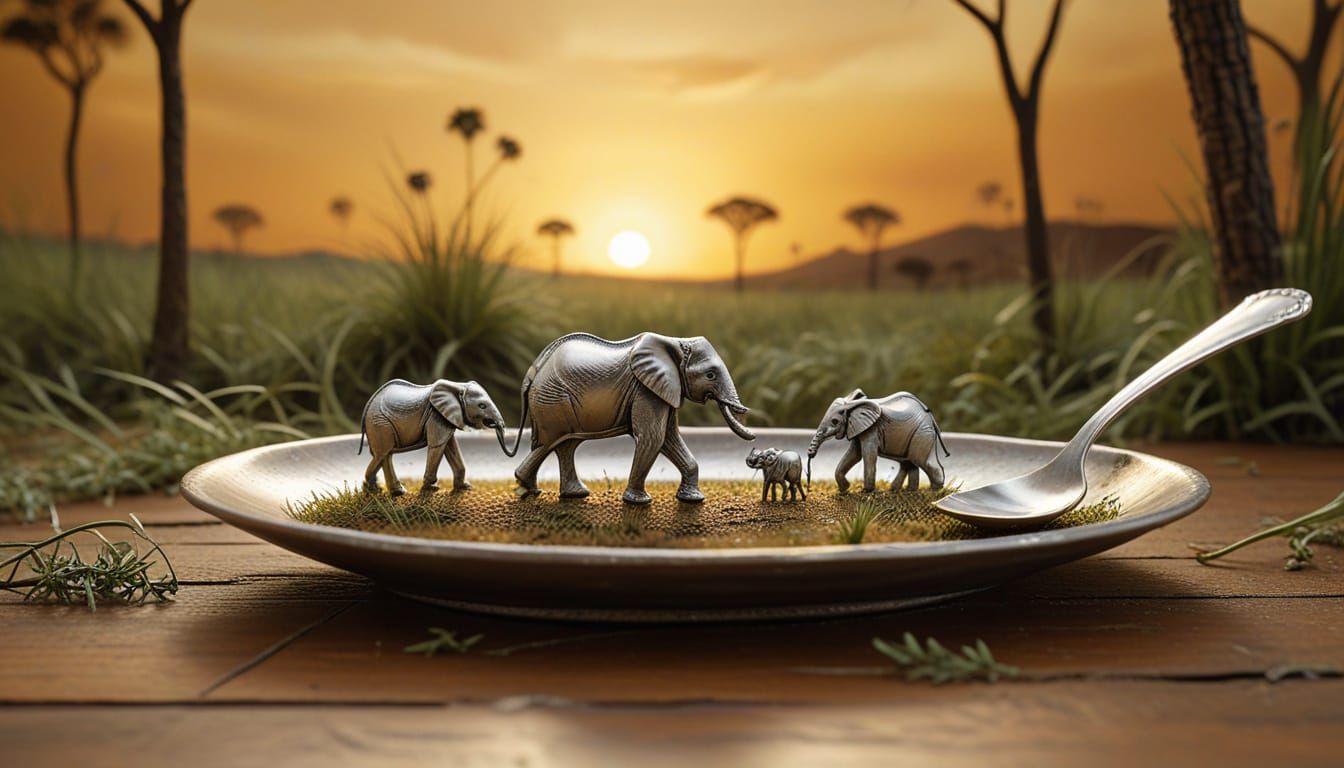 Miniature Savannah in Silver Spoon: Surreal Art