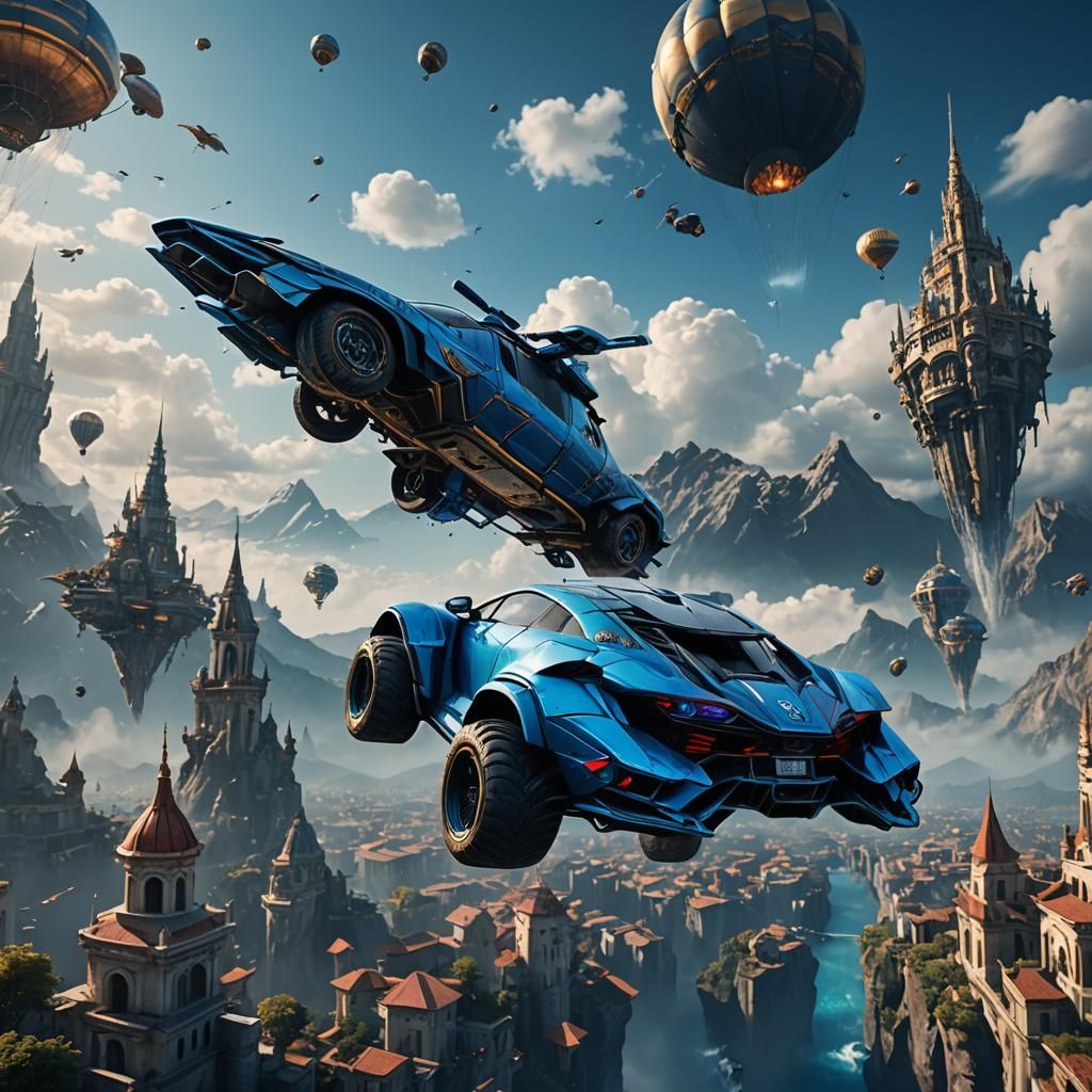 Blue Lamborghini in Flight: Fantasy Concept Art