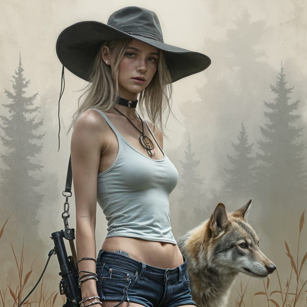 Punk Woman with Wolf in Pastel Charcoal Sketch