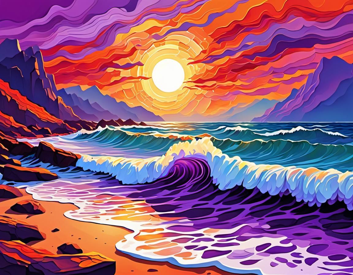 Secluded Beach Sunset: Impressionist Painting with Crashing ...