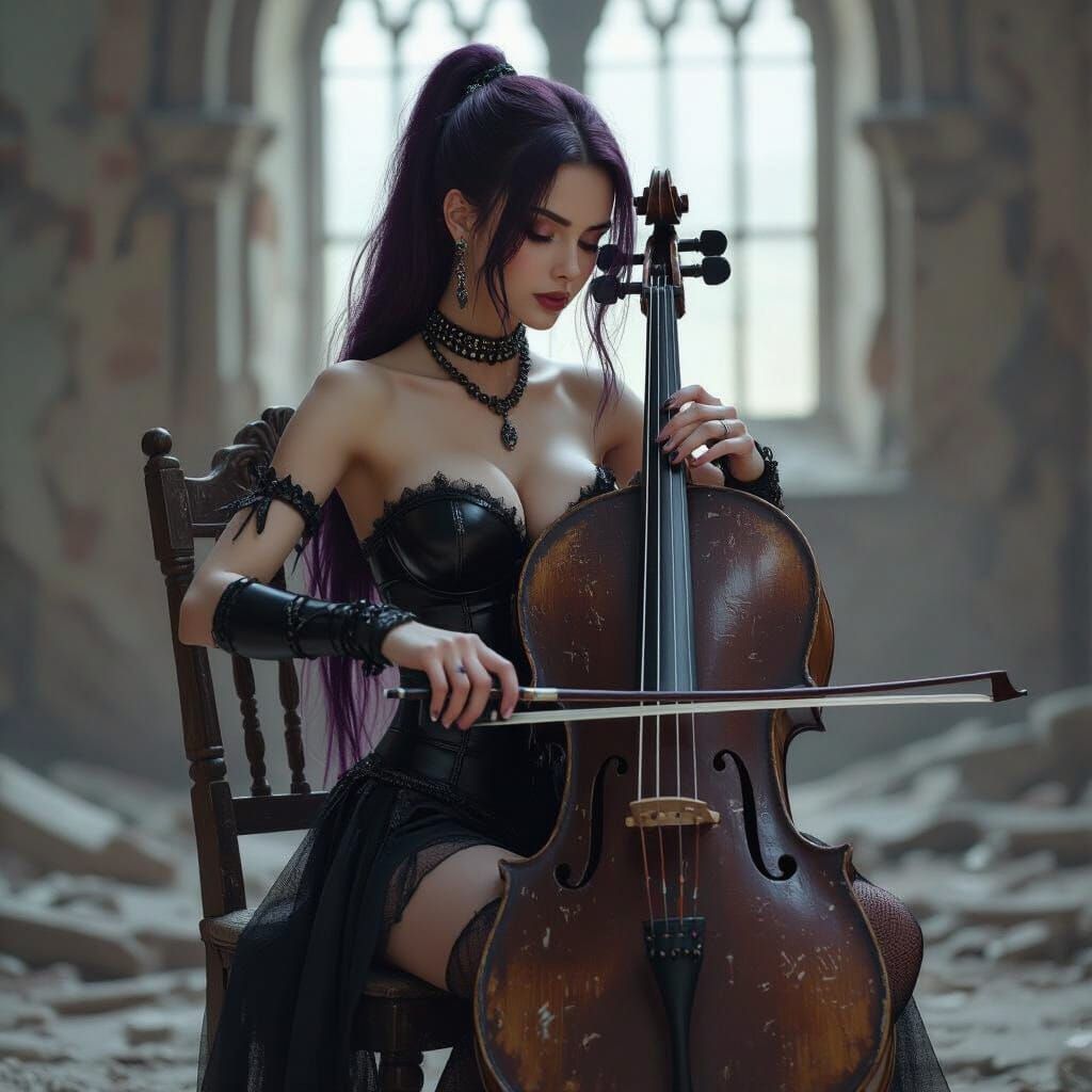 Gothic Woman Plays Cello in Abandoned Castle