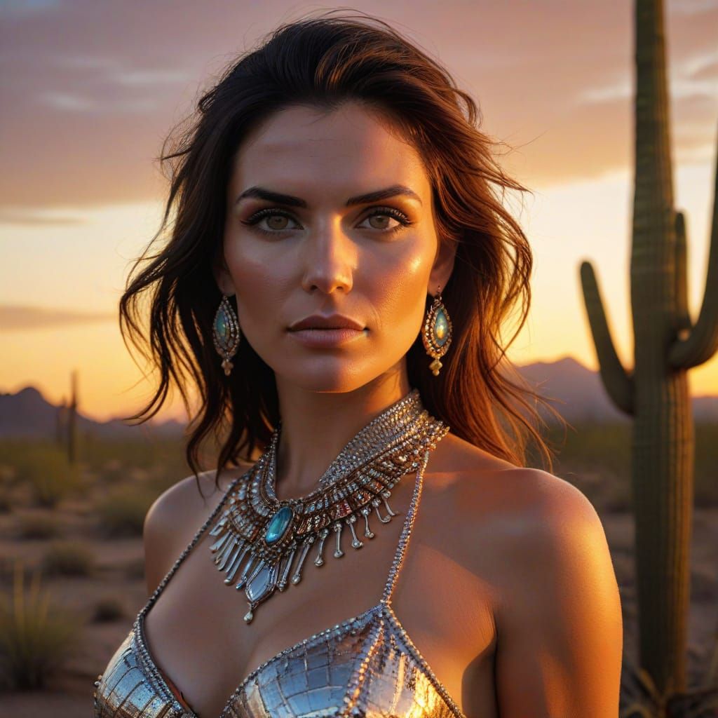 Dazzling Woman Amidst Sonoran Desert Sunset