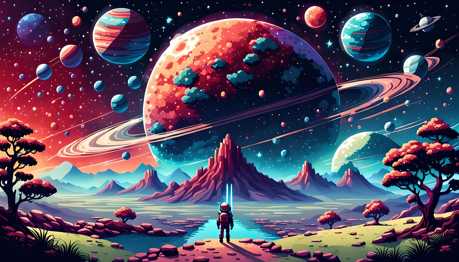 Pixel Art View of the Universe in Purple