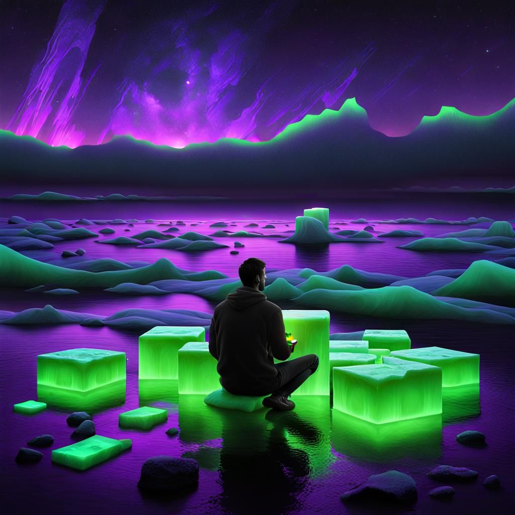 Man on Glowing Ice in Magic Realism Style
