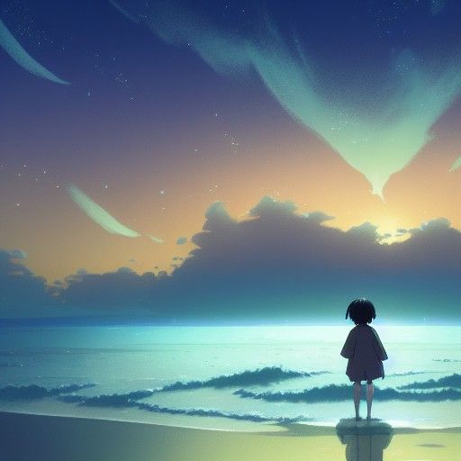 Night Beach with Peach Sky: Anime Style