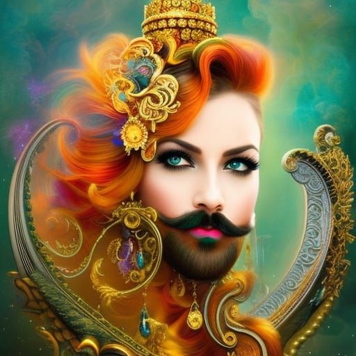 Bearded Goddess with Handlebar Mustache in Psychedelic Art