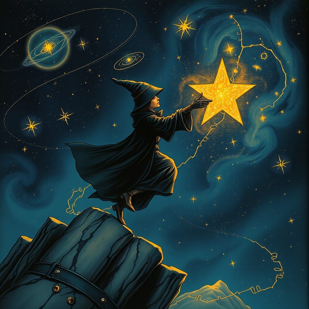 Star Thief in Dreamlike Art Nouveau Nightscape