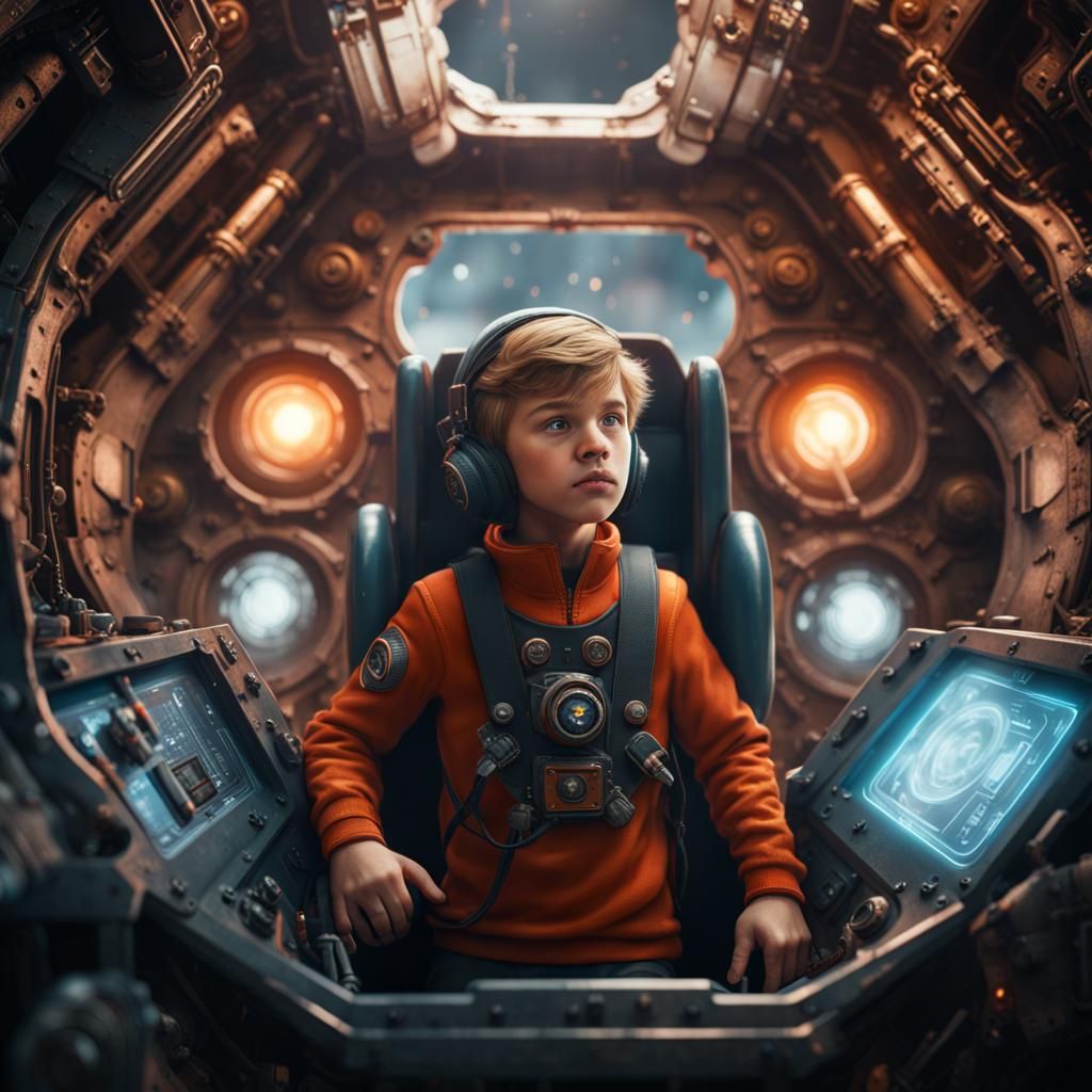 Boy in Rocket Pressing Button: Fantasy Concept Art
