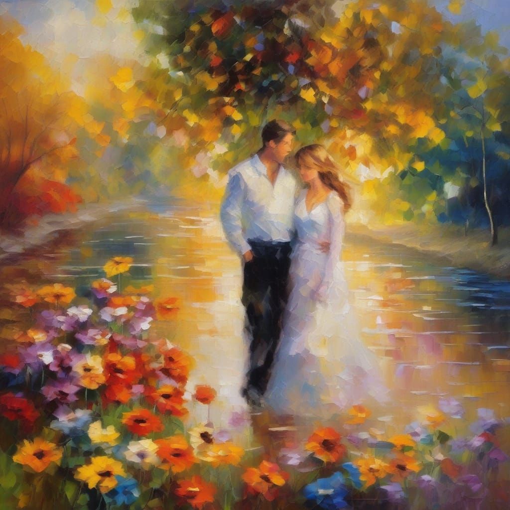 Vibrant Park Scene with Lovers in Warm, Sunny Light