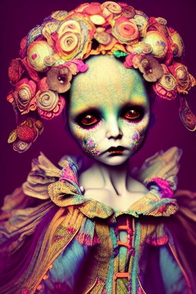 Psychedelic Creepy Doll in Rococo Fantasy Style