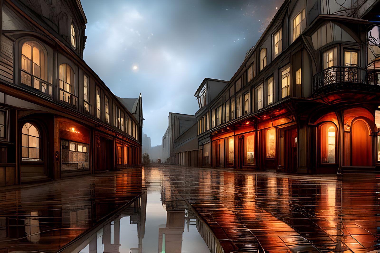 Victorian City Street in Rainy Starry Night