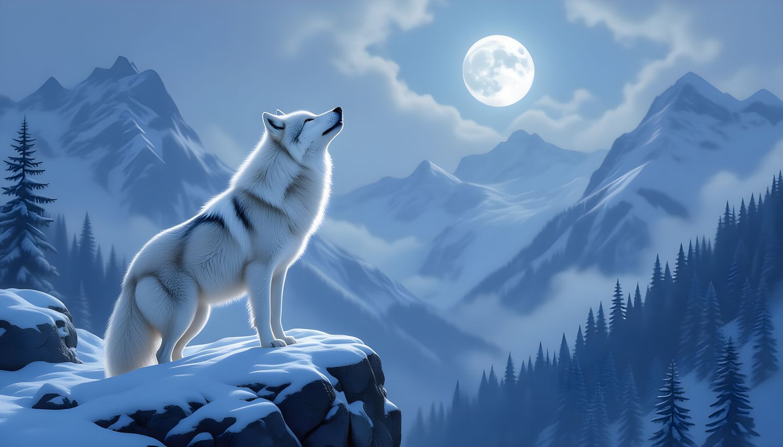 Majestic White Wolf Howling on Mountain Precipice