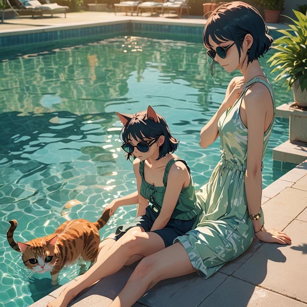 Girl Petting Cat by Pool in Anime Style
