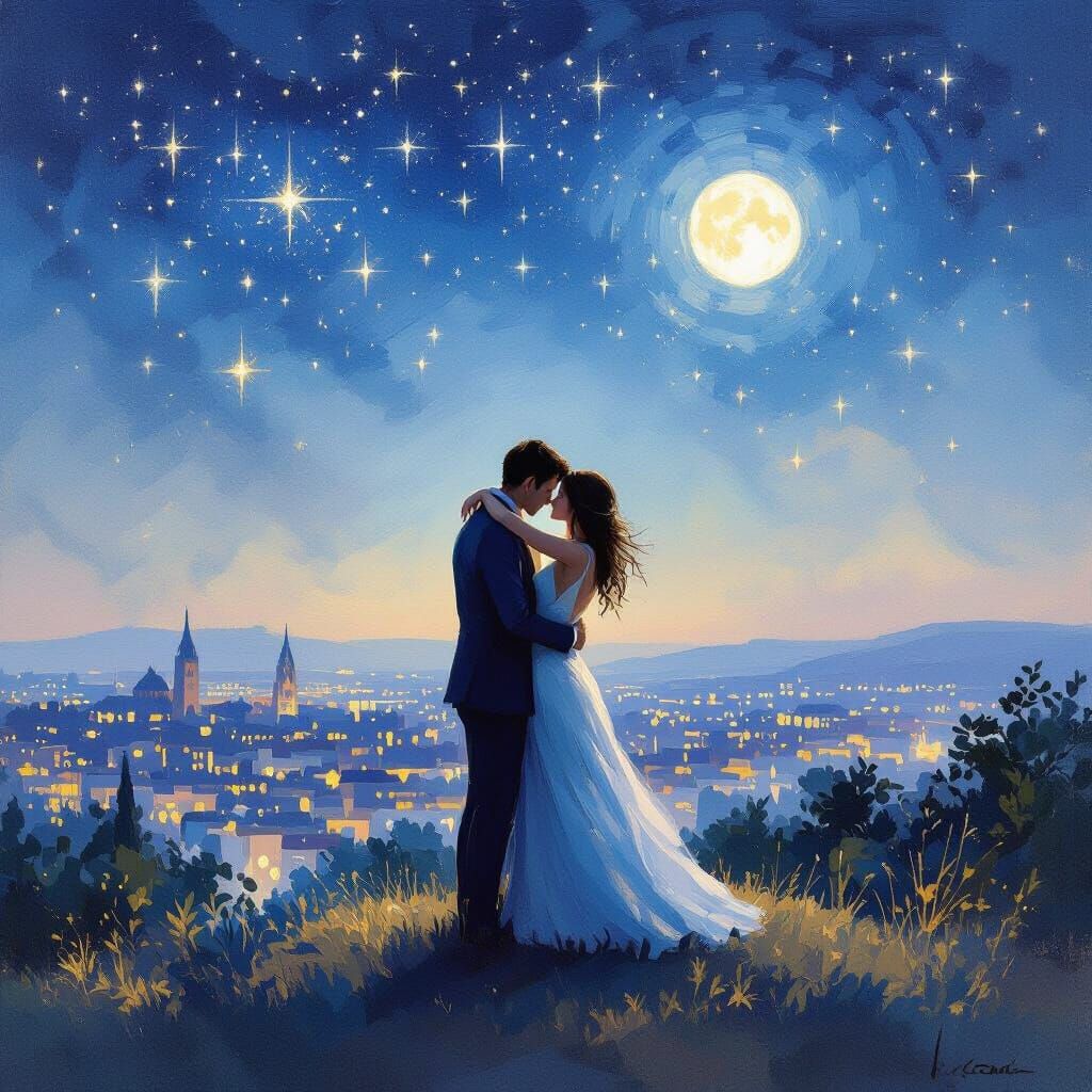 Couple Embracing Under Starry Night Sky