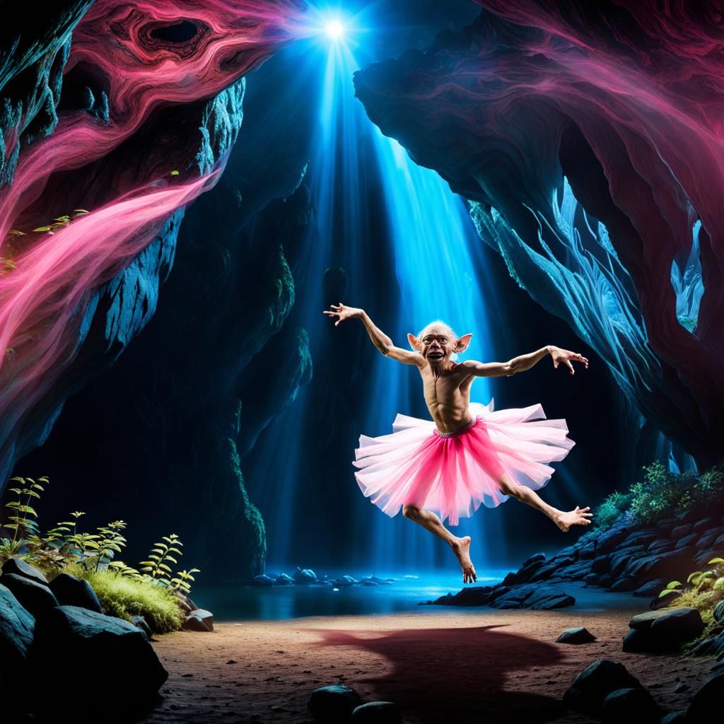 Gollum's Joyful Dance in Bioluminescent Cave