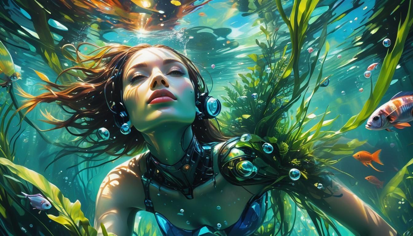 Bio-Cybernetic Woman in Tropical Underwater Scene
