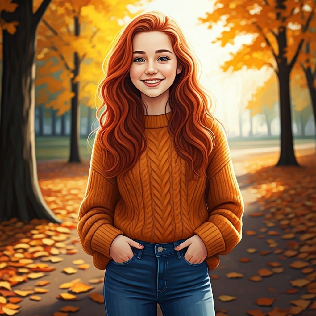 Teen Girl in Autumn Park, Digital Portrait