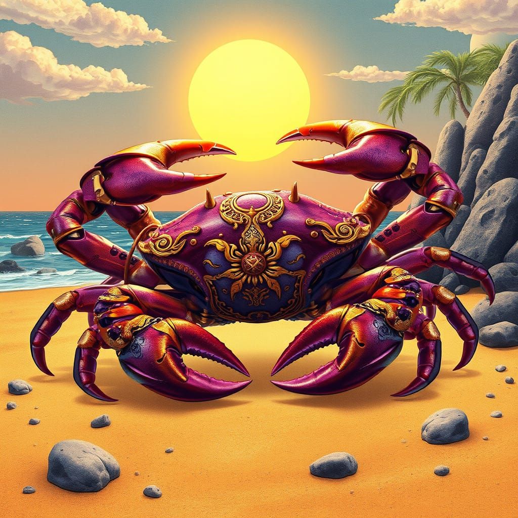 Majestic Crab in Ukiyoe-Inspired Steampunk Scene