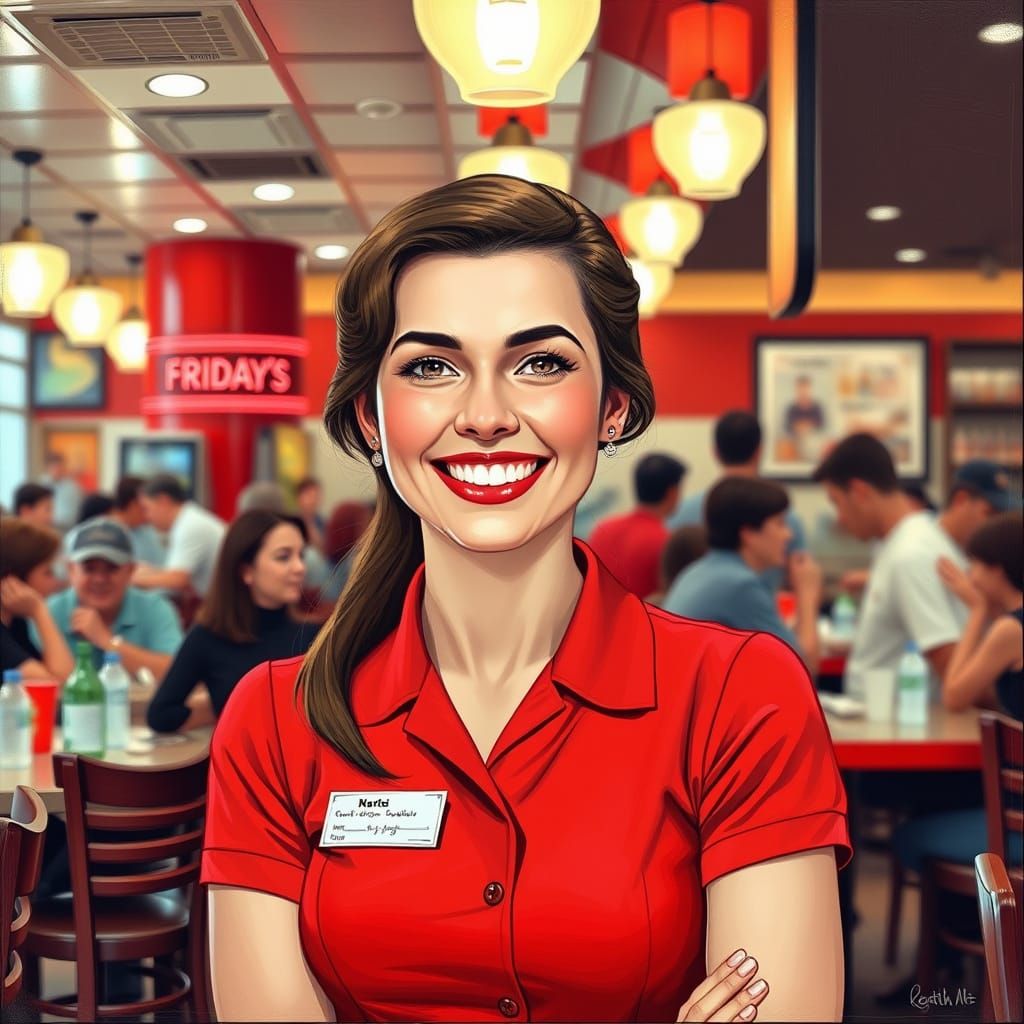 Waitress in Red Uniform Smiling, Hockney-esque Style