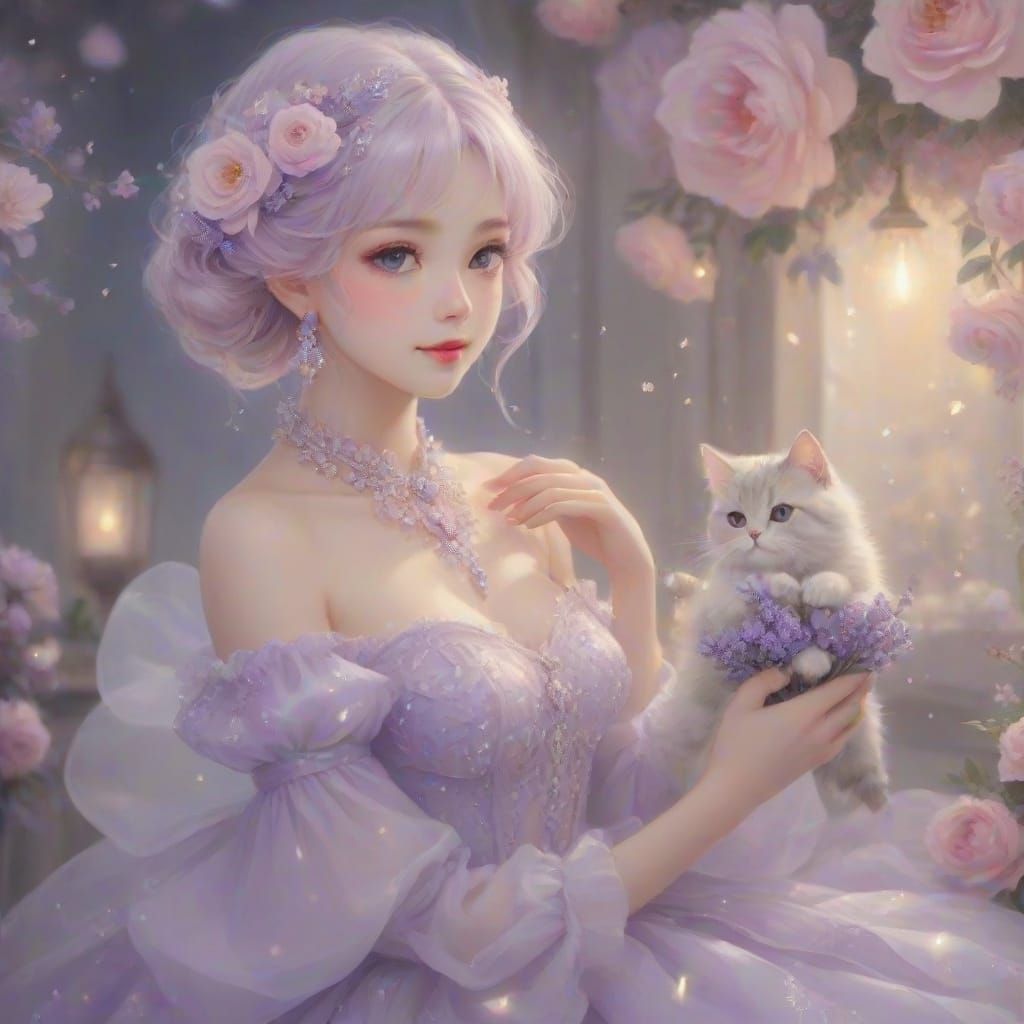 Cat in Ball Gown Smelling Lavender, Anime Style