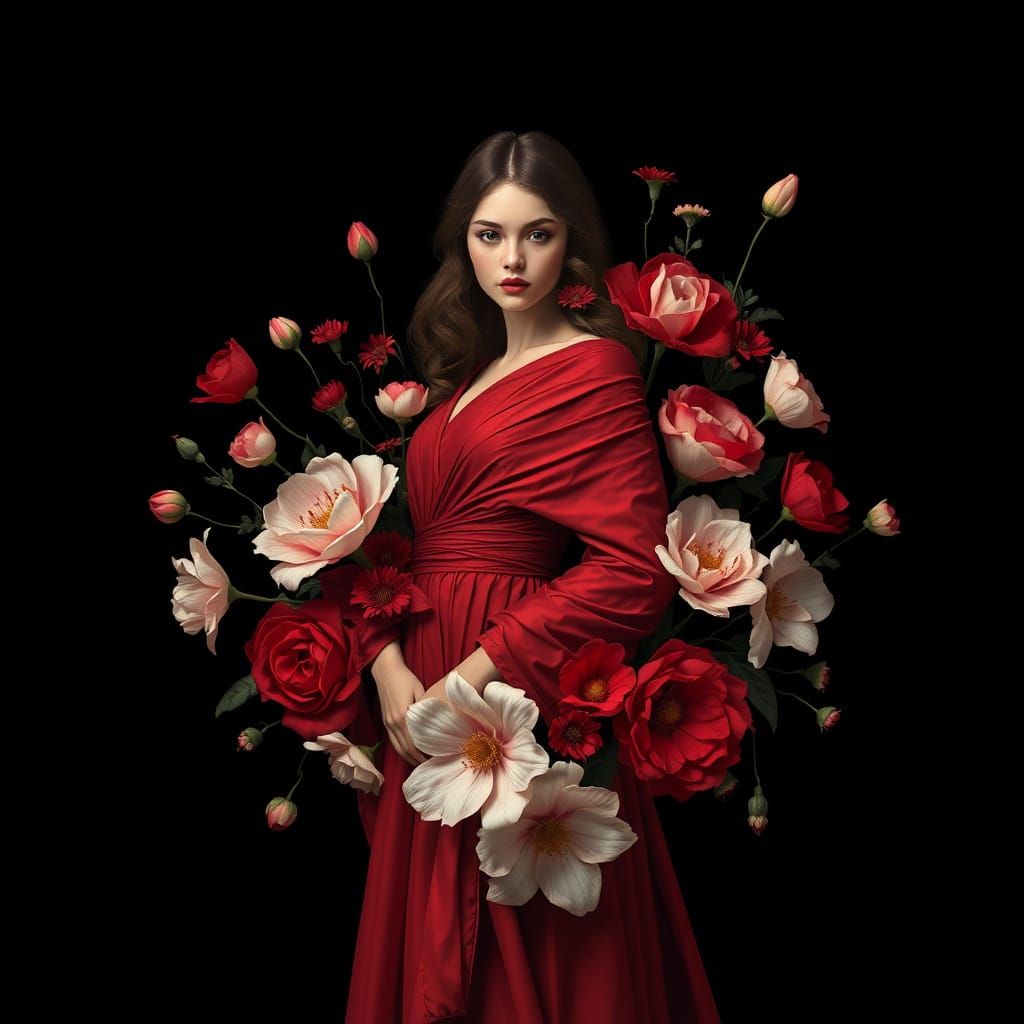 Woman in Red Dress with Floral Heart