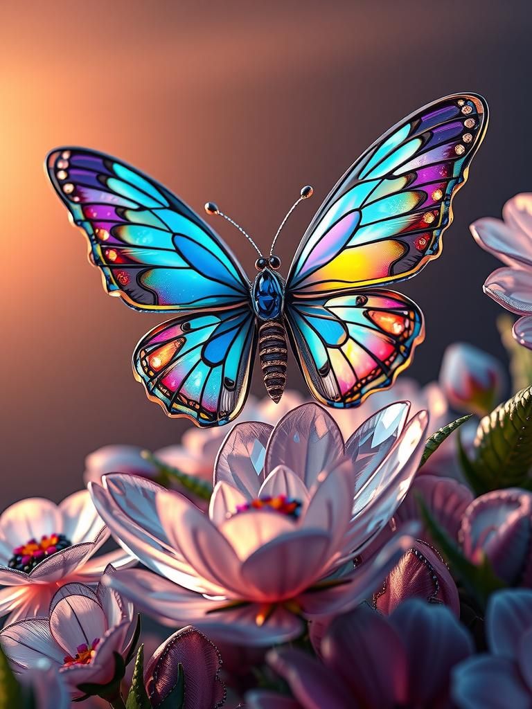 Iridescent Glass Butterfly on Crystal Bloom