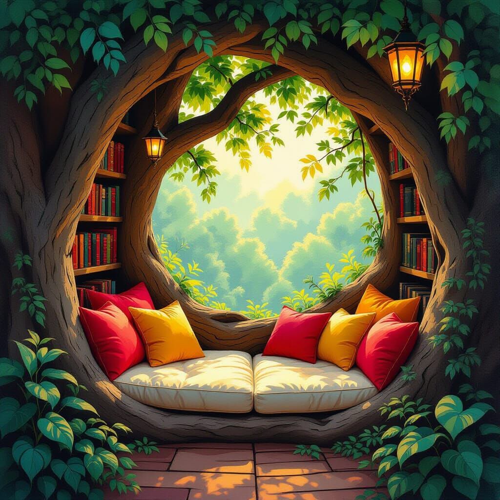 Cozy Treehouse Reading Nook in Gouache Style