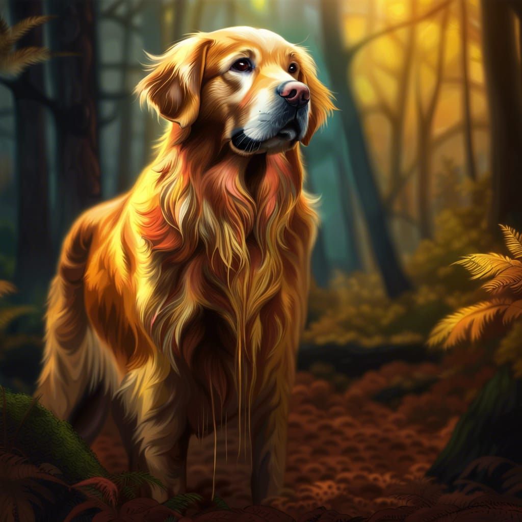 Majestic Golden Retriever in Hyperrealistic Forest Scene