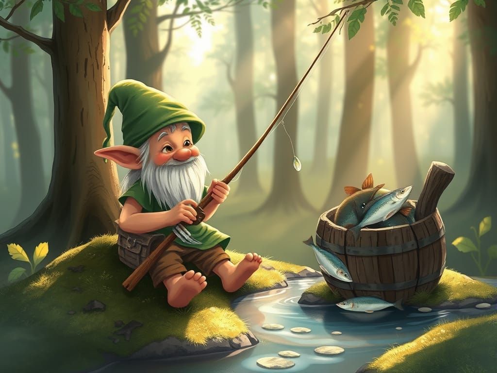 Cute Troll Fishing in Enchanted Forest Clearing