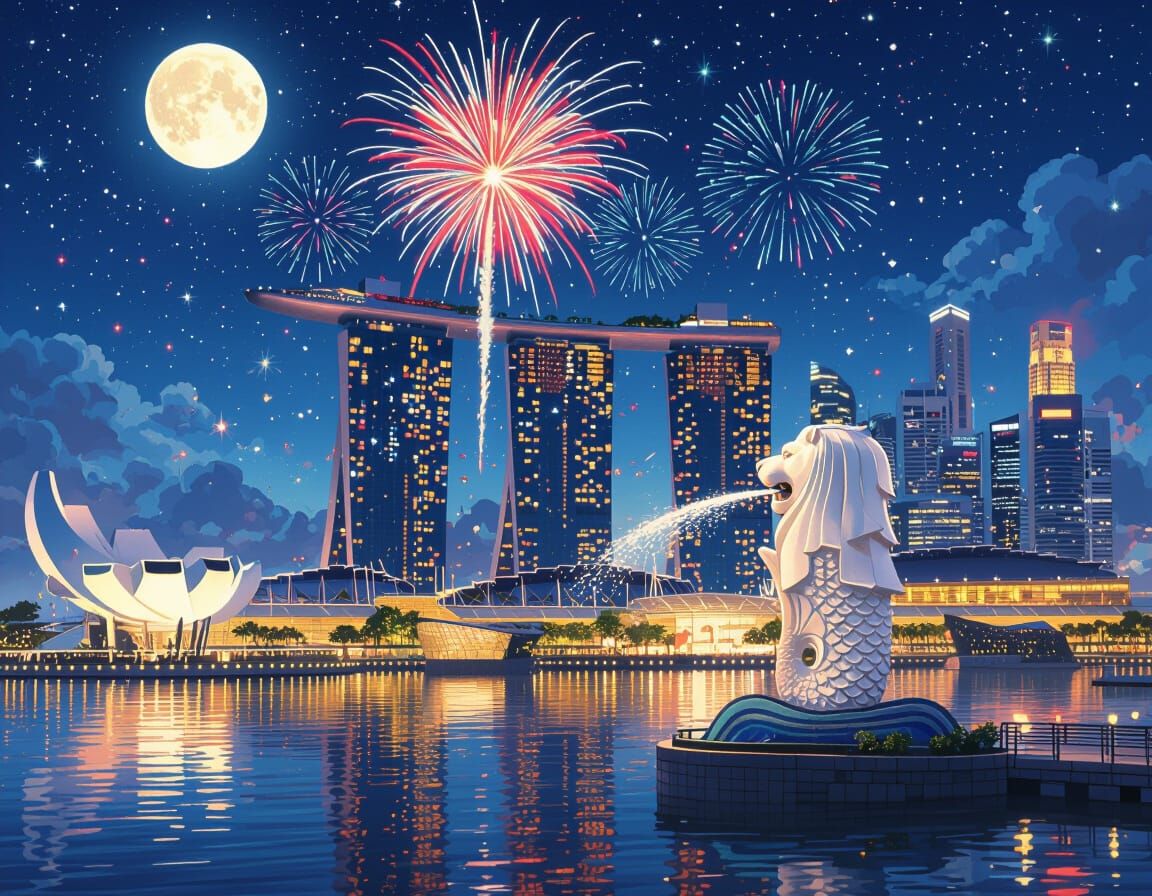 Vibrant Fireworks Over Marina Bay Sands, Singapore Skyline