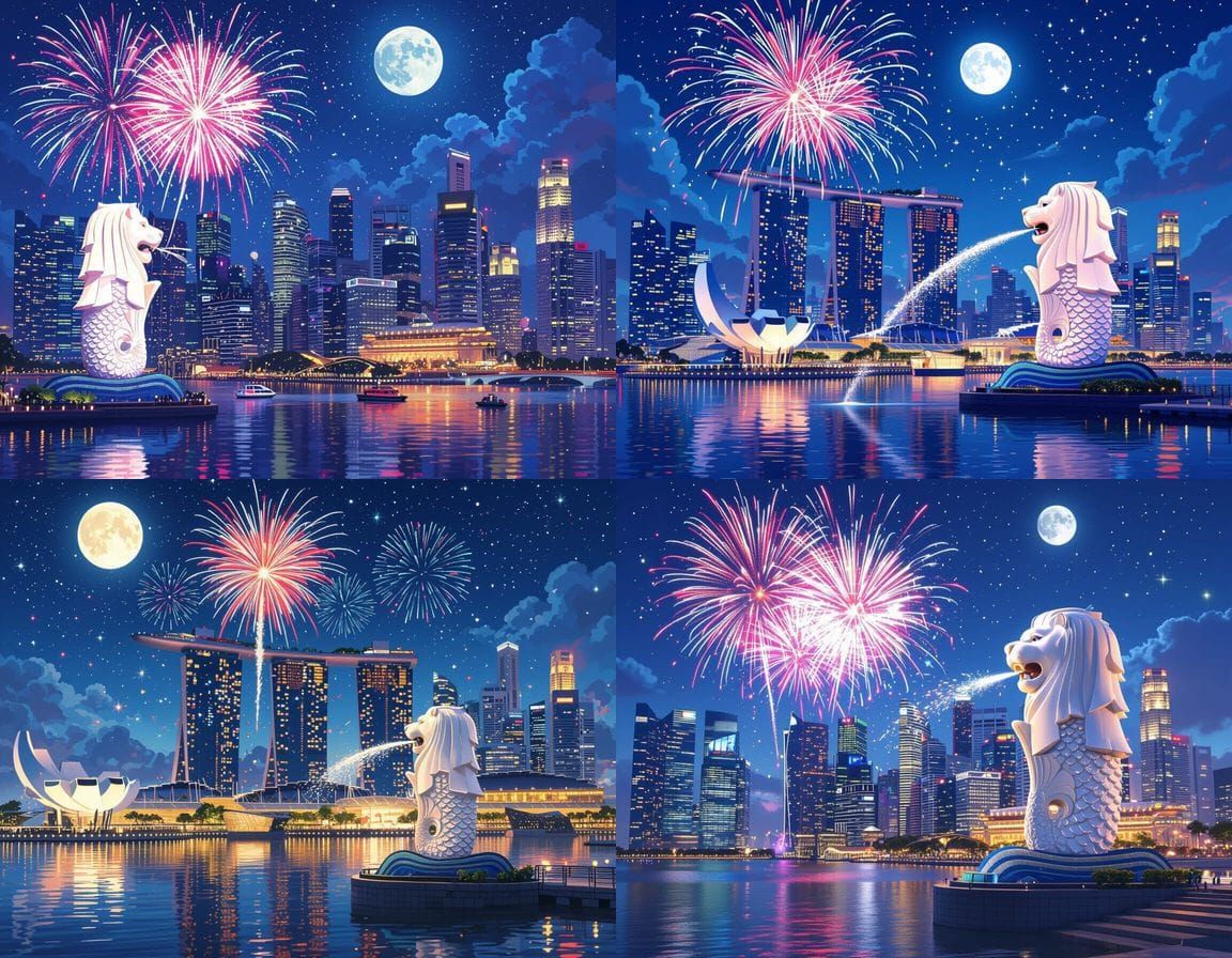 Fireworks Over Marina Bay Sands in Anime Art Style