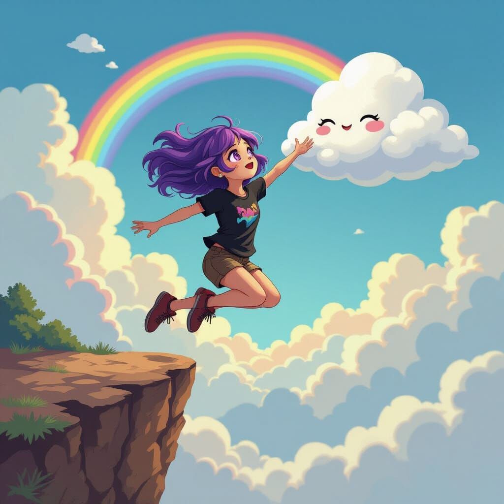 Girl Leaping to Rainbow Cloud in Fantasy Illustration