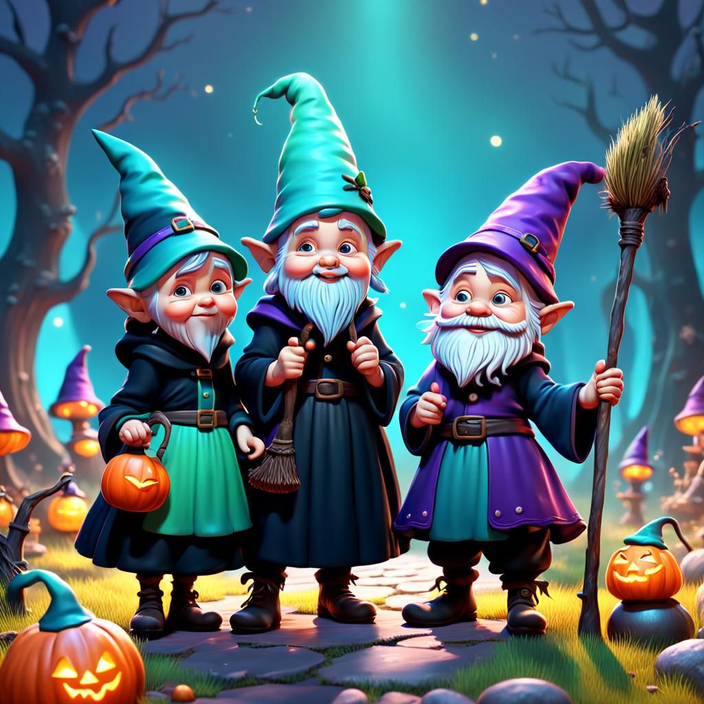Cute realistic gnomes in a witch costume