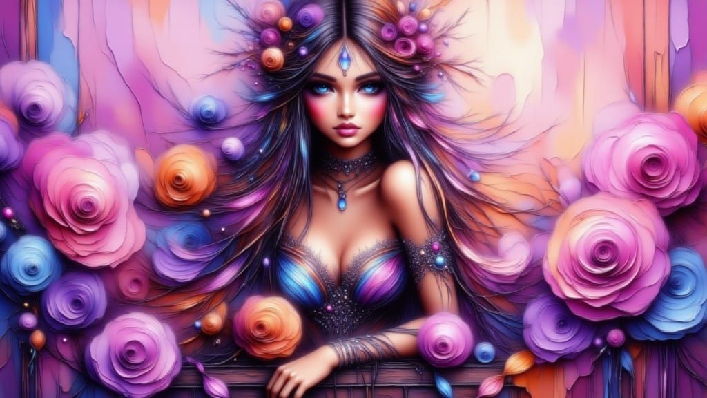 Joy, gorgeous full body woman, Her armor is a radiant fusion...