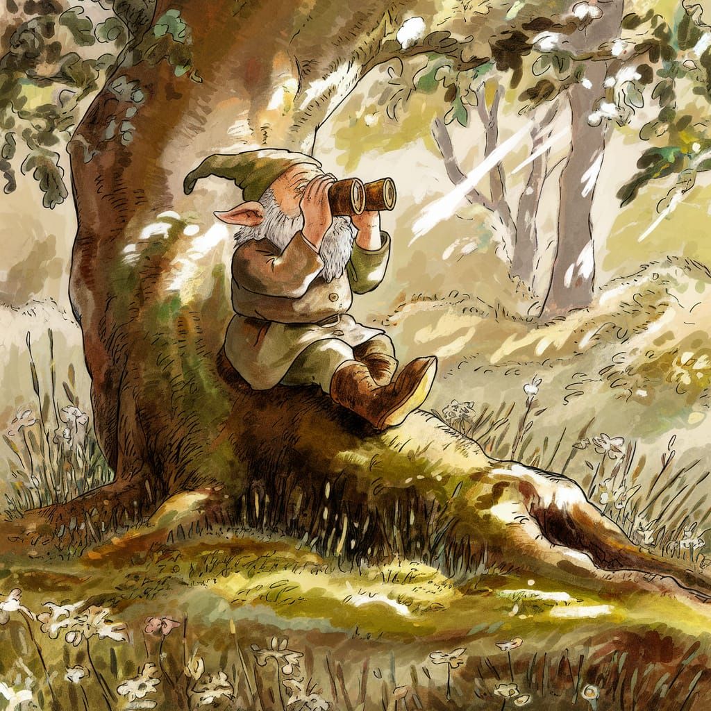 Gnome Contemplating Forest as Storybook Illustration