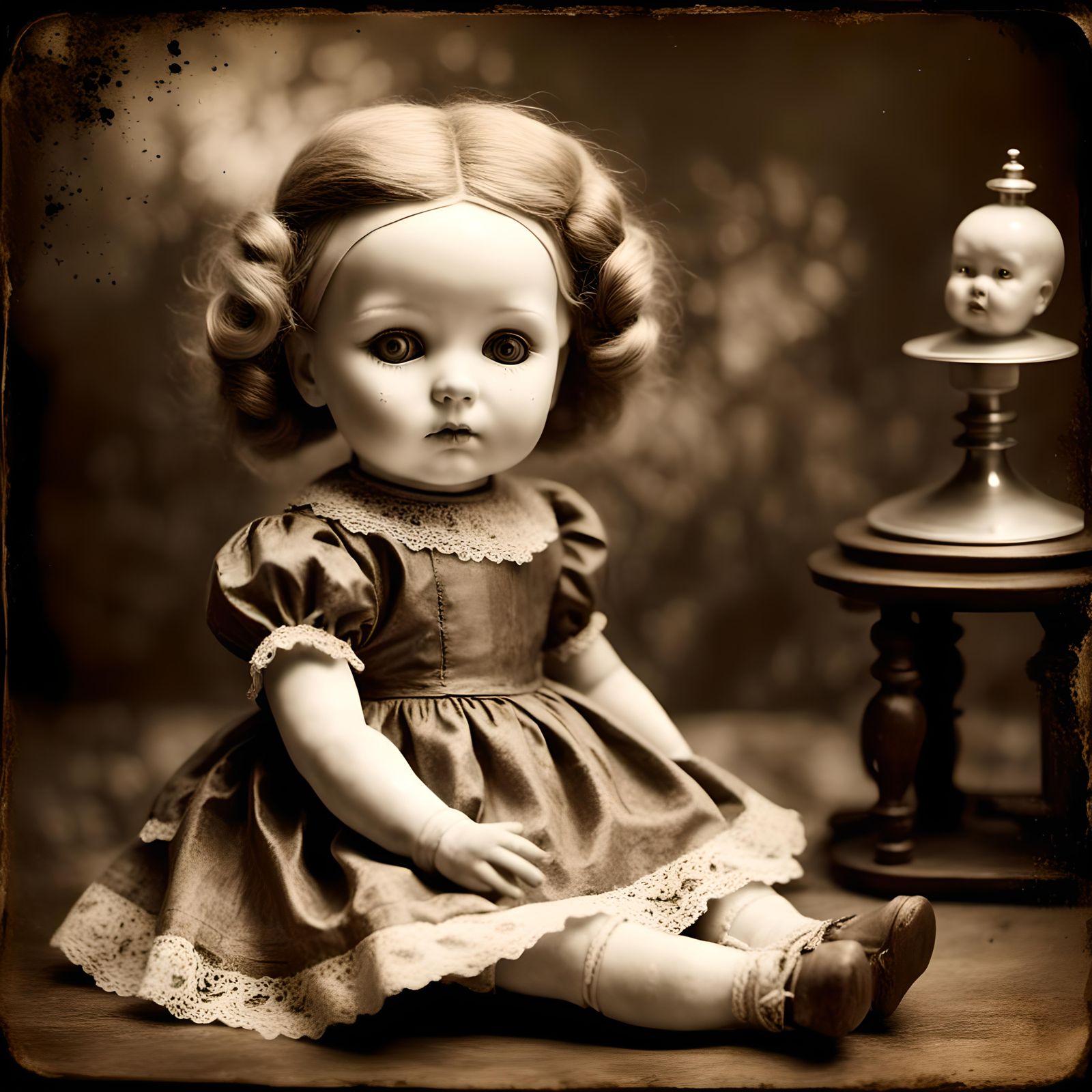Creepy Porcelain Doll in Sepia Photo