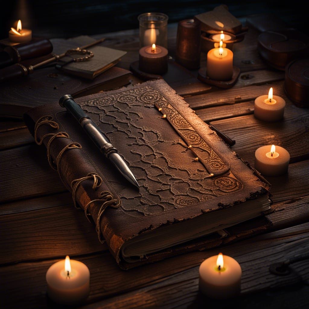 Dusty Diary with Flickering Candles in Dramatic Lighting