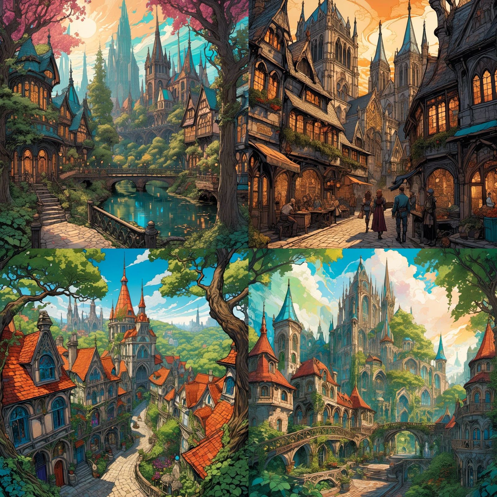 Elven City with Gothic Cathedrals in Fantasy Illustration