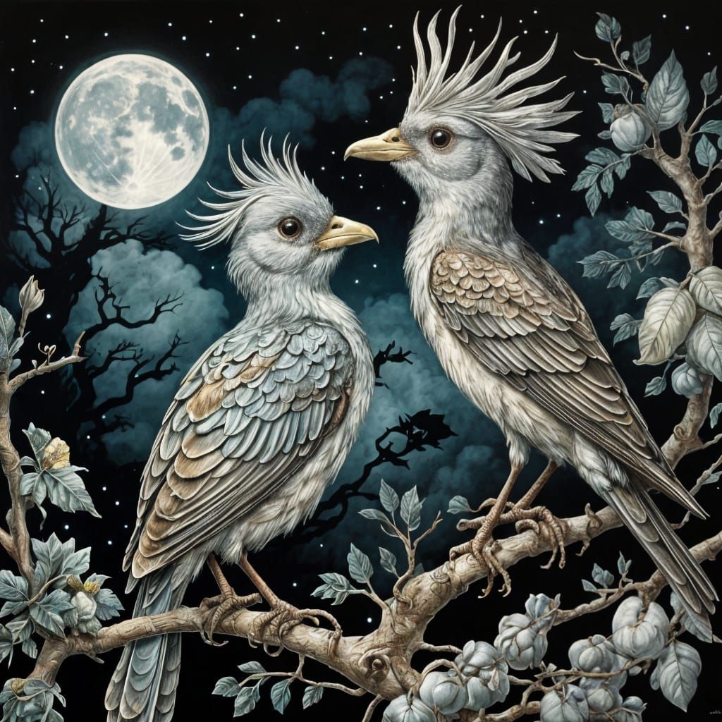 Surreal Birds in Moonlit Dreamscape