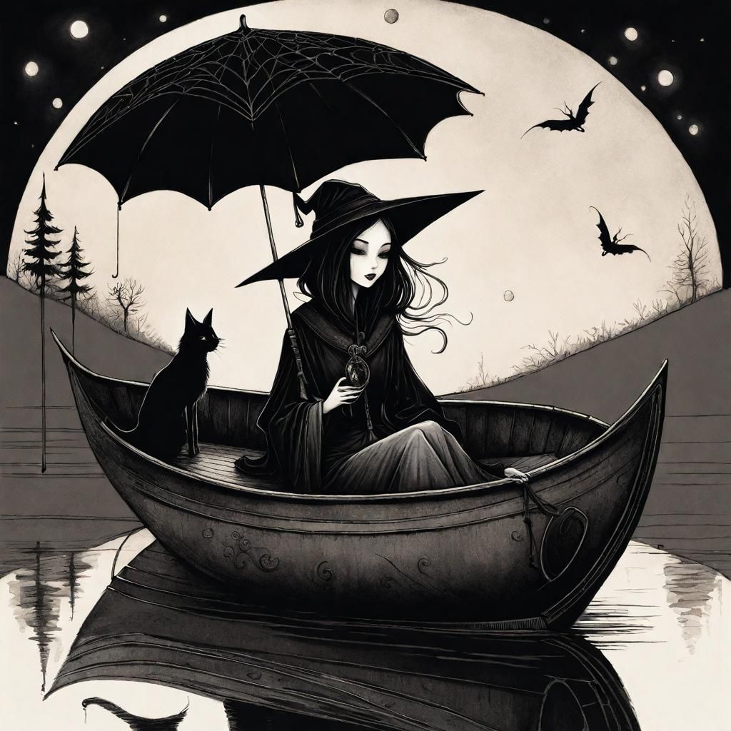 Gothic Witch on a Lake at Night