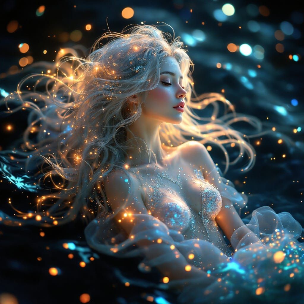 Ethereal Mermaid Radiates Soft Glow Amidst Crystal Waves