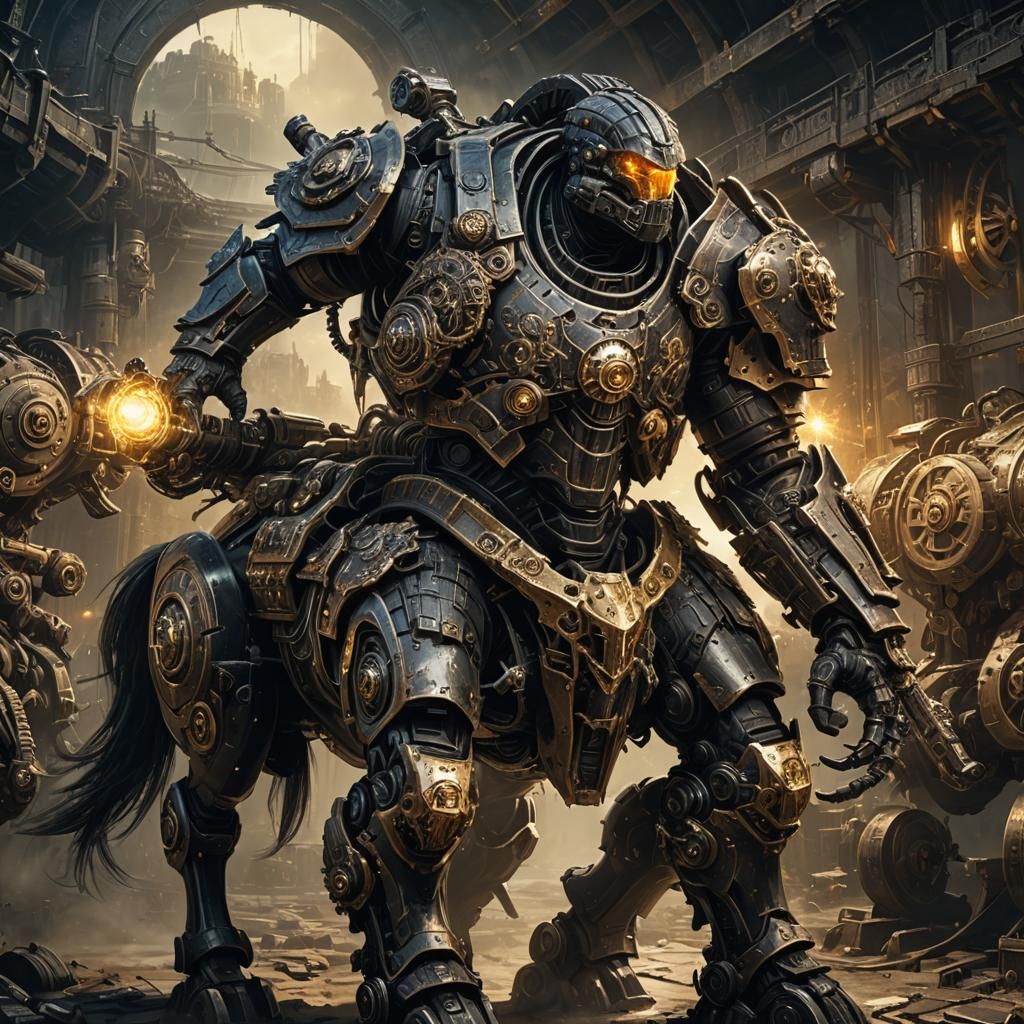 Armored Warrior Rides Mechanical Horse in Dark Fantasy Style