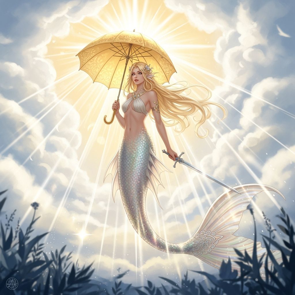 Blonde Mermaid with Sword and Umbrella in Sky