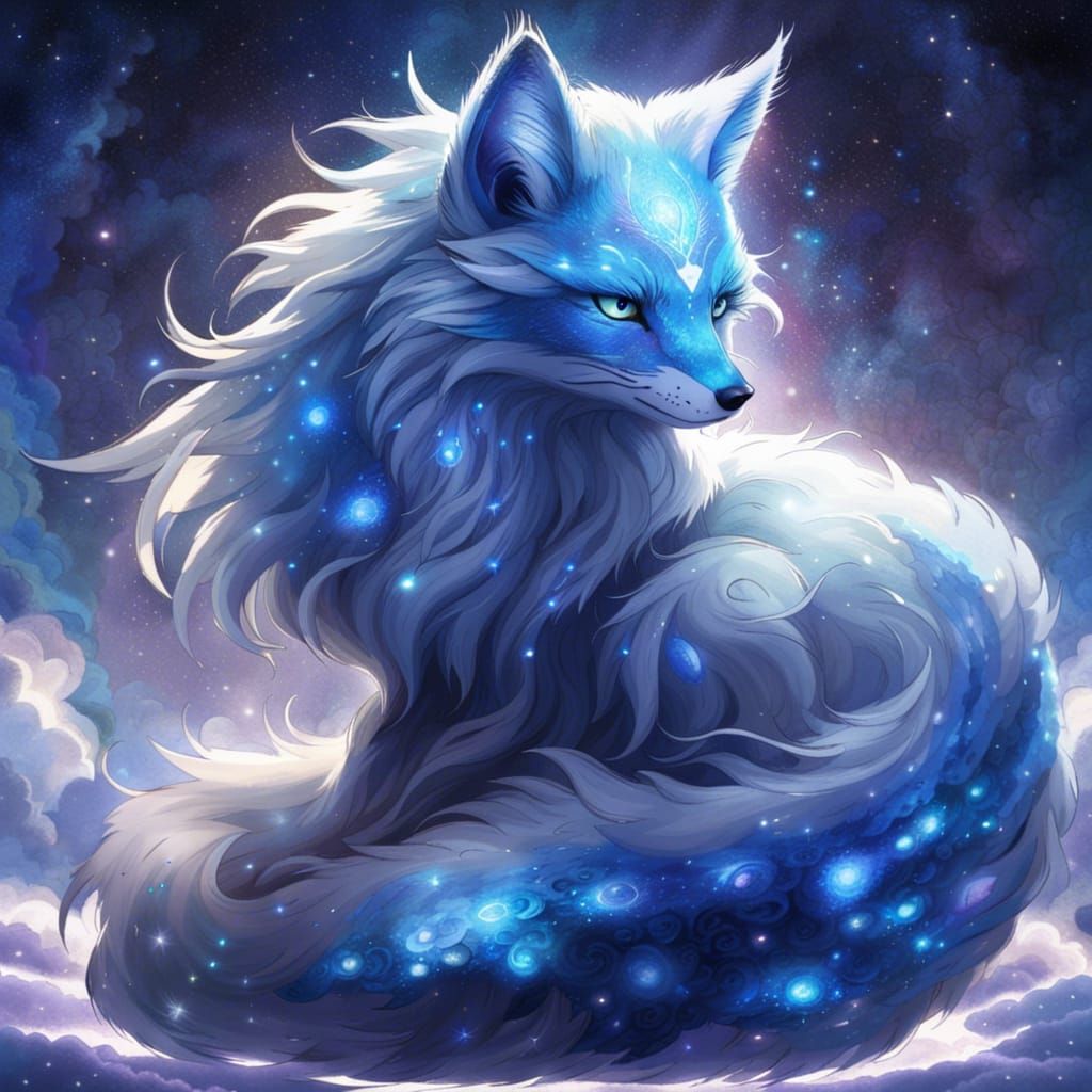 Lumina: Celestial Fox with Silver Fur and Stardust
