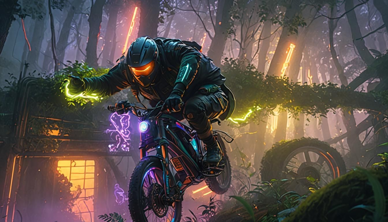 Electric Bike Rider in Misty Forest Concept Art
